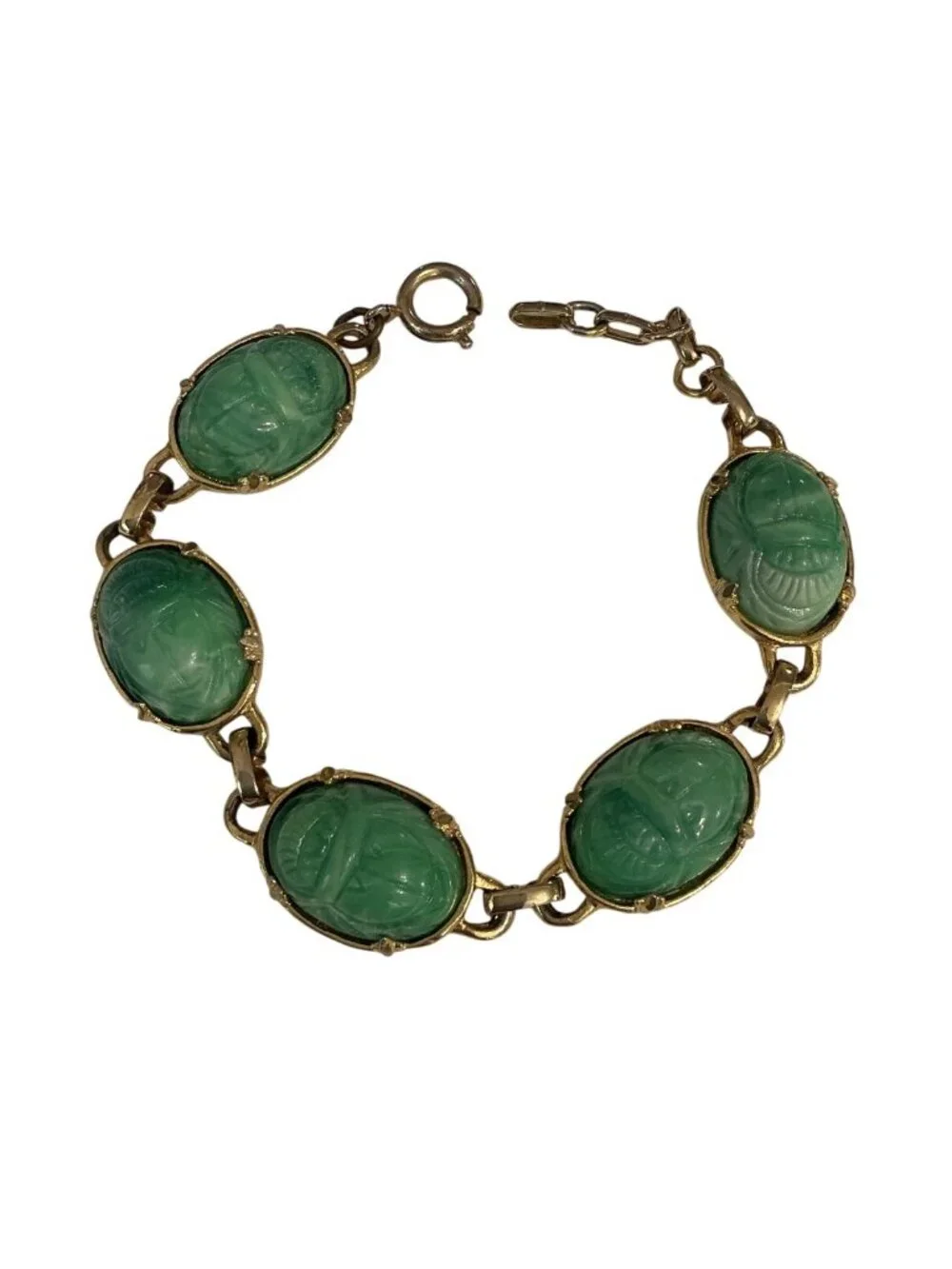 Vintage GoldTone Scarab Bracelet With Green Cabochons  Egyptian Revival Inspired - Picture 2 of 5